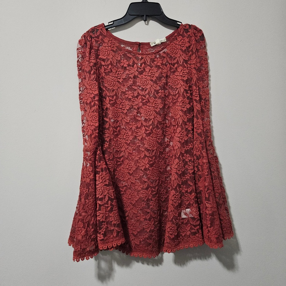 Alythea Rust Red Floral Lace Bell Sleeve Top Womens Medium Boho Blouse